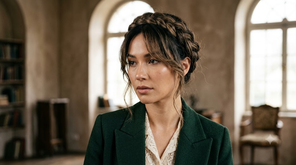 French Braid Crown with Soft Curtain Bang Framing